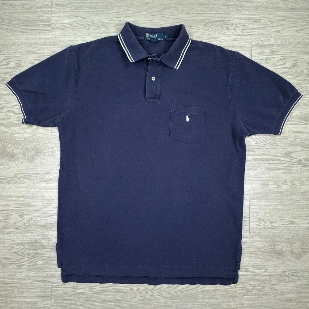 Polo Ralph Lauren Mens Polo Shirt Pocket Tipped Navy Blue Large Short Sleeve